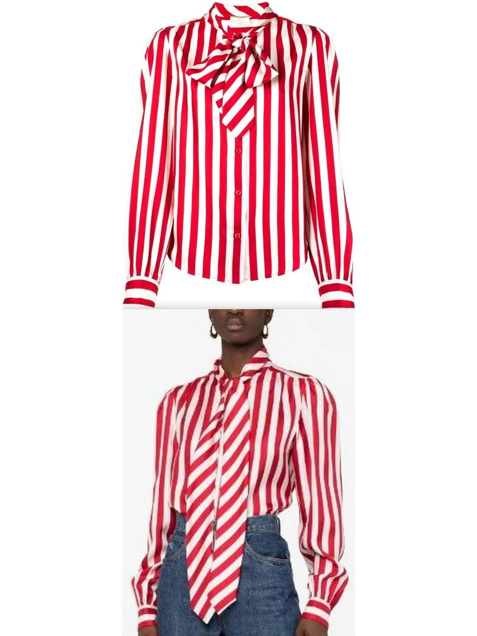 Red and White Silk Striped Shirt with Neck Tie - Branna Couture