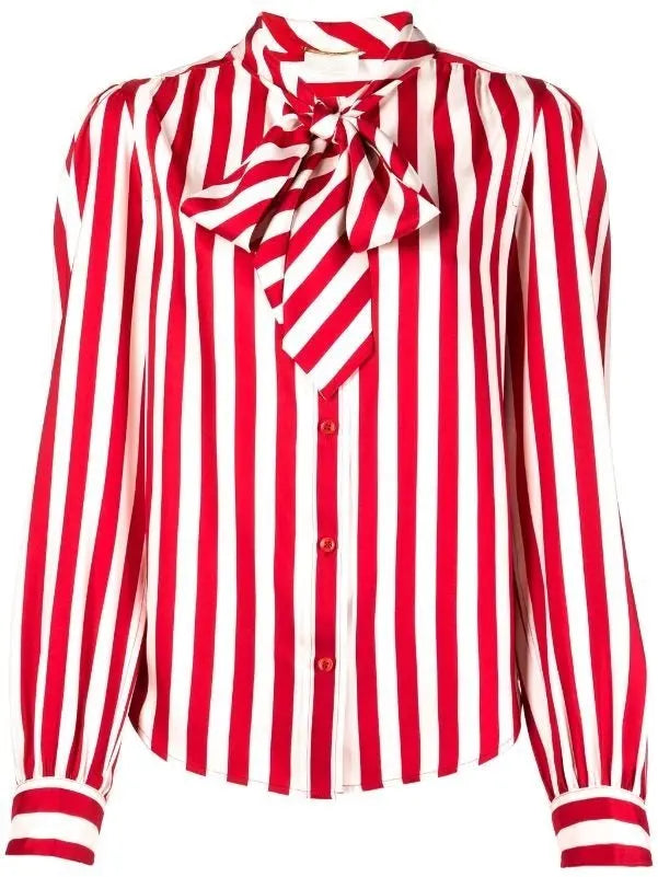 Red and White Silk Striped Shirt with Neck Tie - Branna Couture