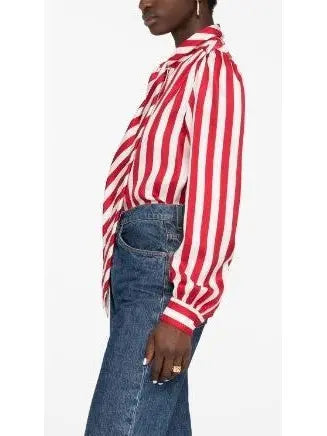 Red and White Silk Striped Shirt with Neck Tie - Branna Couture