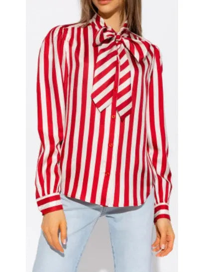 Red and White Silk Striped Shirt with Neck Tie - Branna Couture