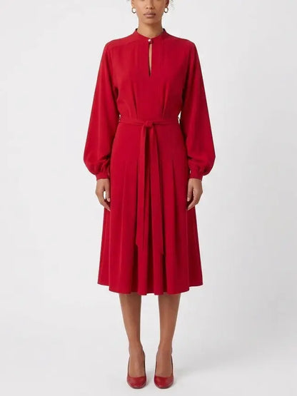 Red Belted Pleated Midi Dress with Blouson Sleeves - Small - Dresses