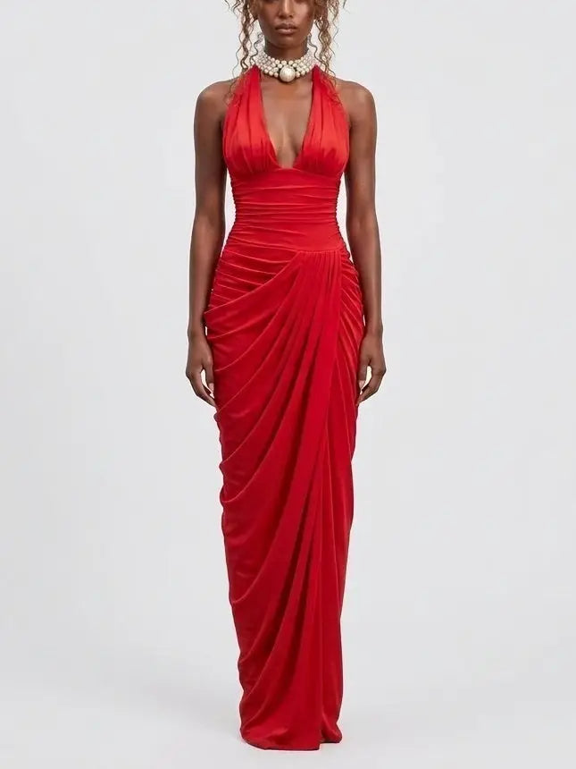 Red Draped Halterneck Maxi Dress - S - Dresses