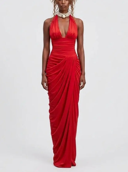 Red Draped Halterneck Maxi Dress - S - Dresses