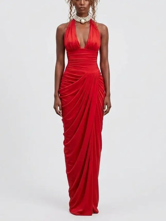 Red Draped Halterneck Maxi Dress - S - Dresses