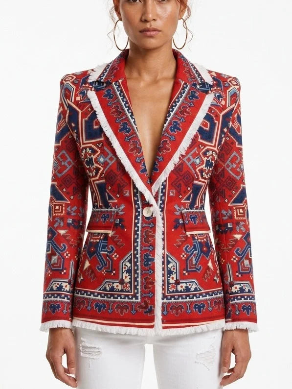 Red Geometric Print Single-Breasted Blazer with Fringe Trim - Small - Jackets