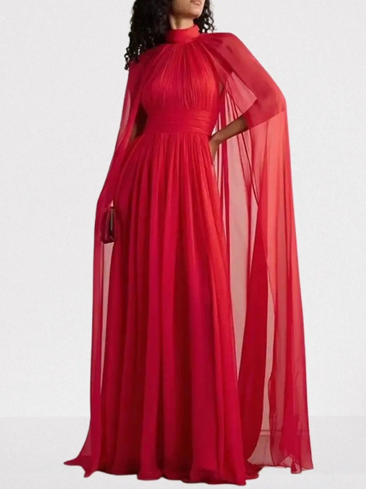 Red High-Neck Pleated Chiffon Cape Gown - S - Dresses