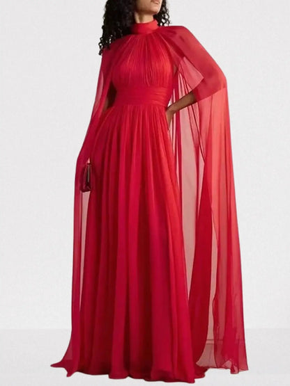 Red High-Neck Pleated Chiffon Cape Gown - S - Dresses