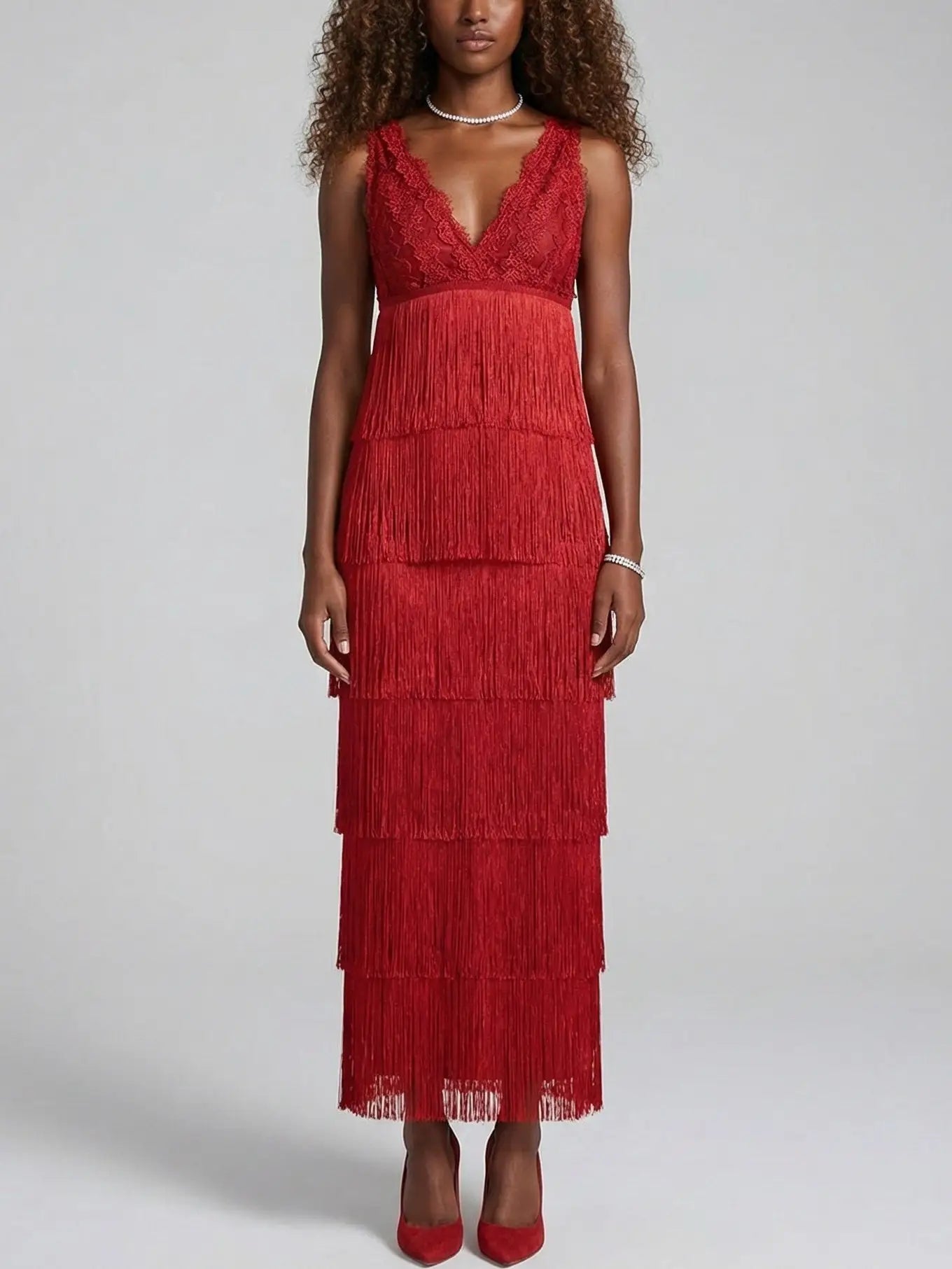 Red Lace Fringe Tiered Midi Dress - S - Dresses