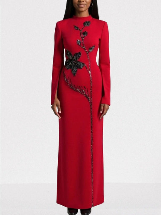 Red Long-Sleeve Gown with Black Floral Beadwork - S - Dresses