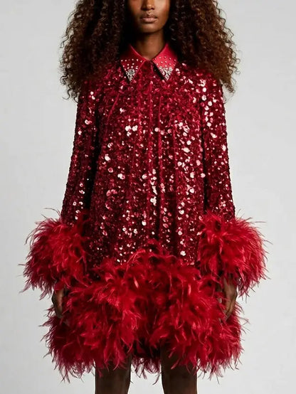Red Paillette Feather Trim Shift Mini Dress - XS - Dresses