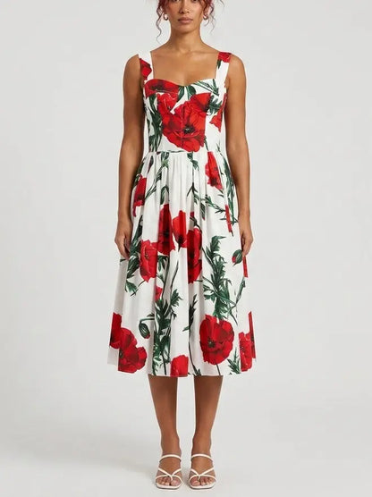 Red Poppy Print Bustier Cotton Dress - S - Dresses