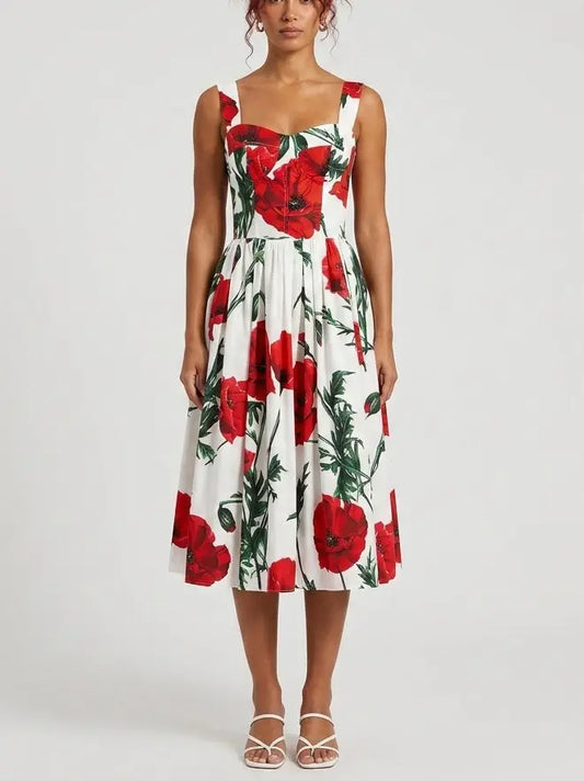 Red Poppy Print Bustier Cotton Dress - S - Dresses