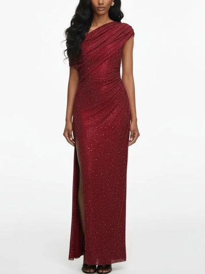 Red Rhinestone Draped Slit Maxi Dress - XS - Dresses