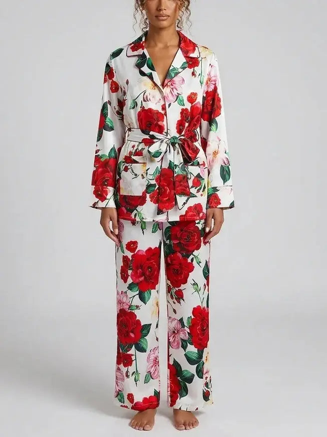 Red Rose Print Belted Shirt and Pant Set - S - Suits & Sets
