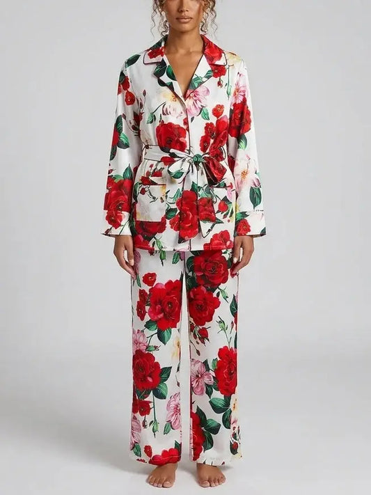 Red Rose Print Belted Shirt and Pant Set - S - Suits & Sets