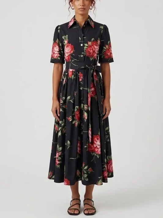 Red Rose Print Black Cotton Button Down Midi Dress - S - Dresses