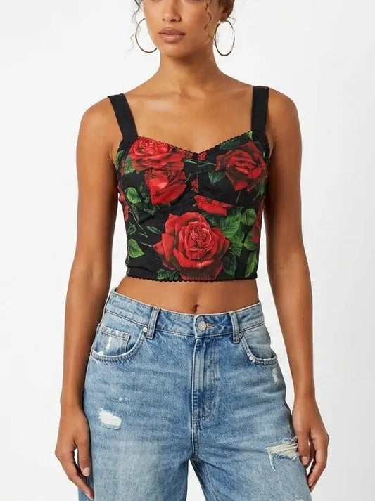 Red Rose Print Bustier Crop Top - S - Tops