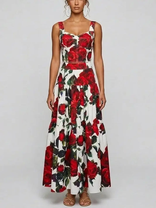 Red Rose Print Corset Top and Tiered Maxi Skirt Set - S - Suits & Sets