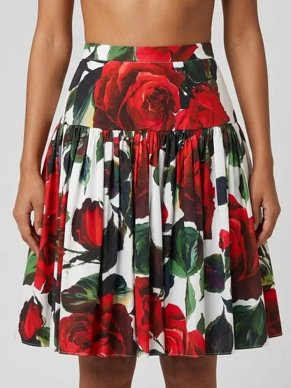 Red Rose Print Cotton Circle Mini Skirt - S - Skirts
