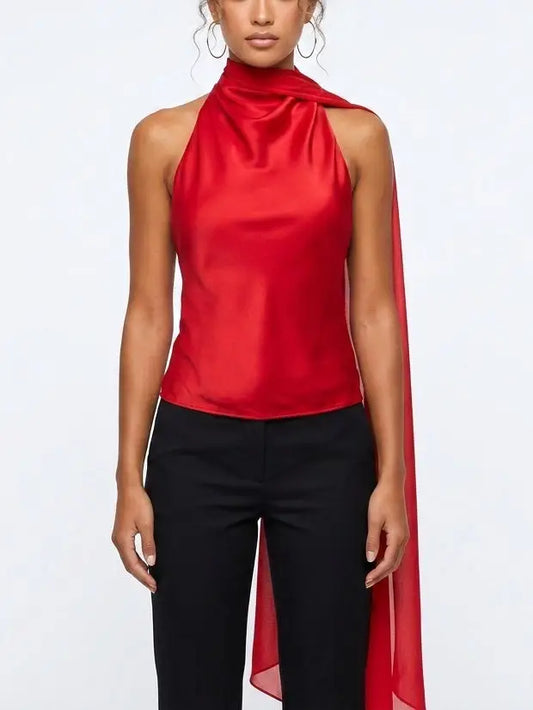 Red Satin Draped Scarf-Neck Halter Blouse - Small - Tops