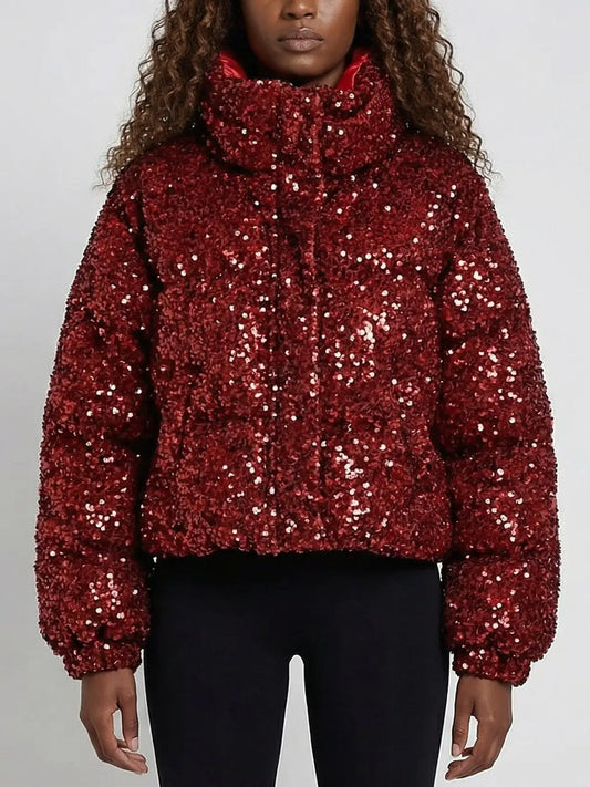 Red Sequin Cropped Puffer Jacket with High Collar - Small - Jackets