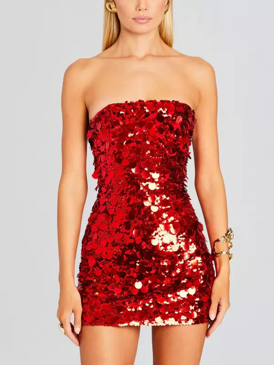 Strapless Sequined Mini Cocktail Dress in Red - Branna Couture