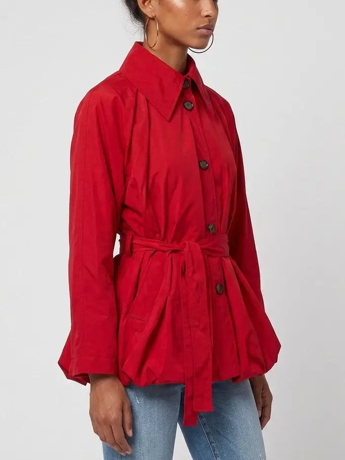 Red Belted Bubble Hem Jacket - Jackets