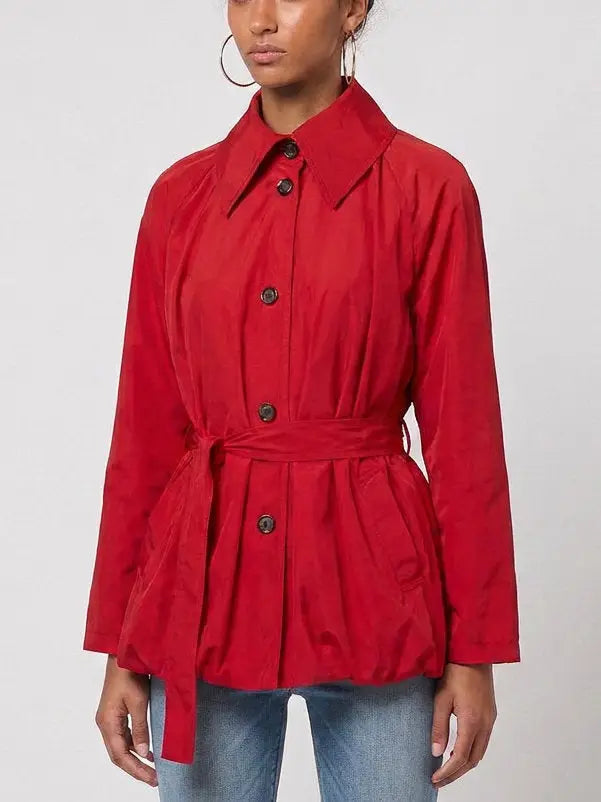 Red Belted Bubble Hem Jacket - Jackets