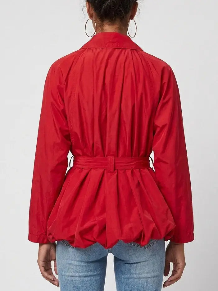 Red Belted Bubble Hem Jacket - Jackets