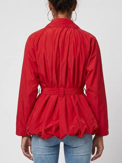 Red Belted Bubble Hem Jacket - Jackets