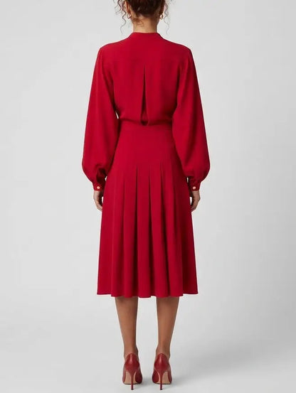 Red Belted Pleated Midi Dress with Blouson Sleeves - Dresses