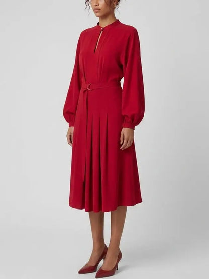 Red Belted Pleated Midi Dress with Blouson Sleeves - Dresses