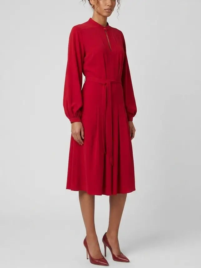 Red Belted Pleated Midi Dress with Blouson Sleeves - Dresses