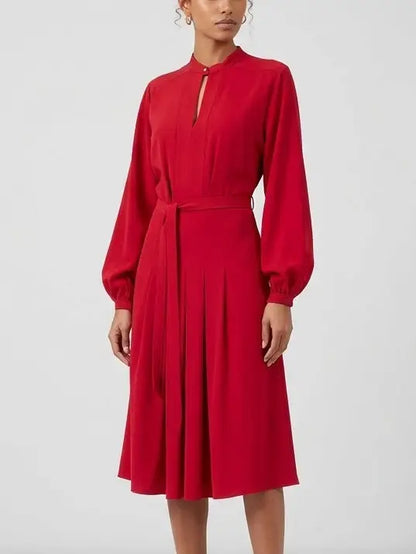 Red Belted Pleated Midi Dress with Blouson Sleeves - Dresses