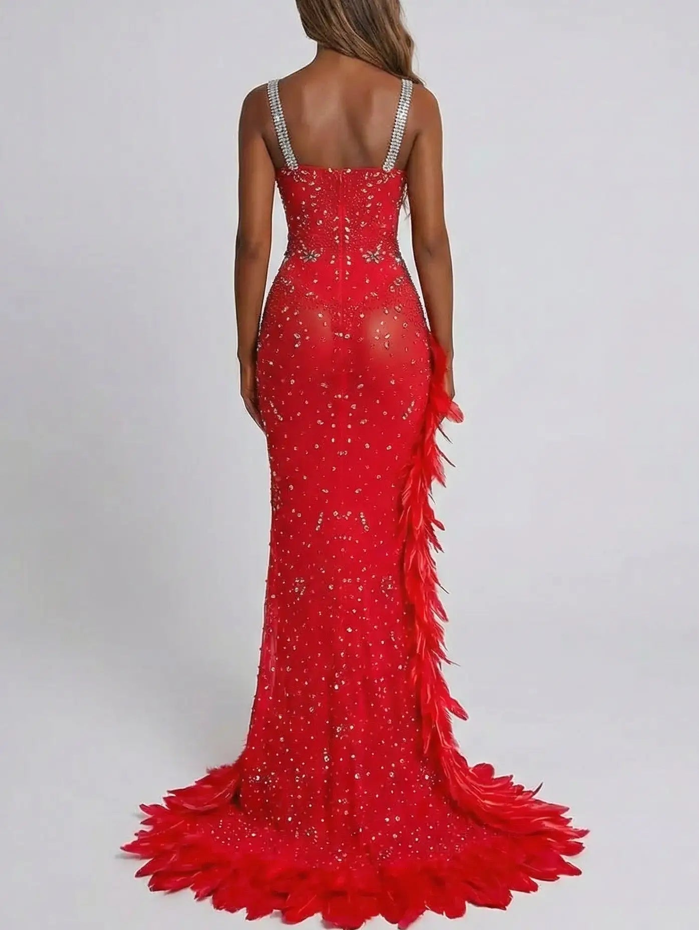 Red Crystal-Embellished Feather-Trim Stretch Gown - Dresses