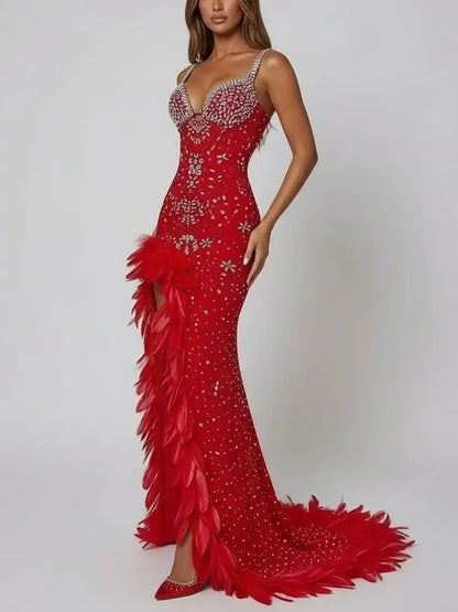 Red Crystal-Embellished Feather-Trim Stretch Gown - Dresses