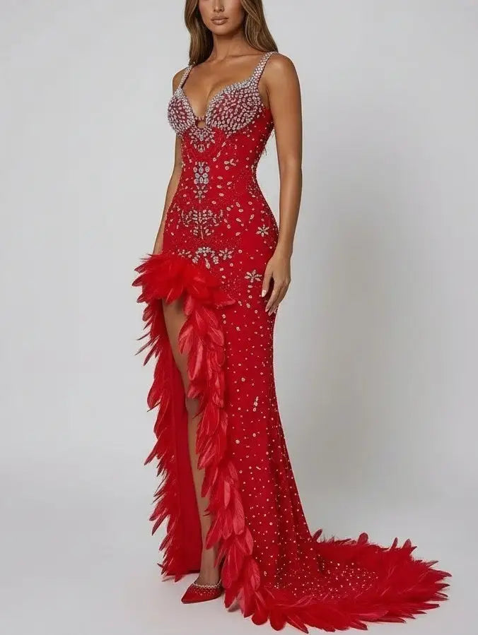 Red Crystal-Embellished Feather-Trim Stretch Gown - Dresses