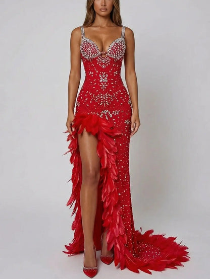 Red Crystal-Embellished Feather-Trim Stretch Gown - Dresses