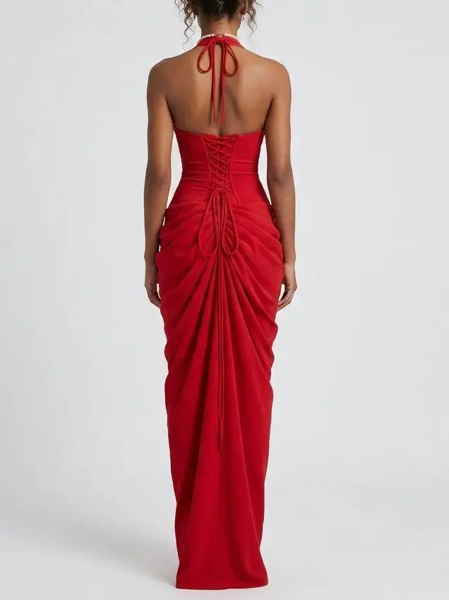 Red Draped Halterneck Maxi Dress - Dresses