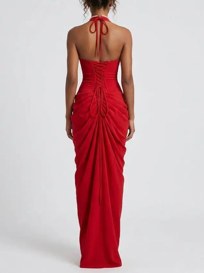 Red Draped Halterneck Maxi Dress - Dresses