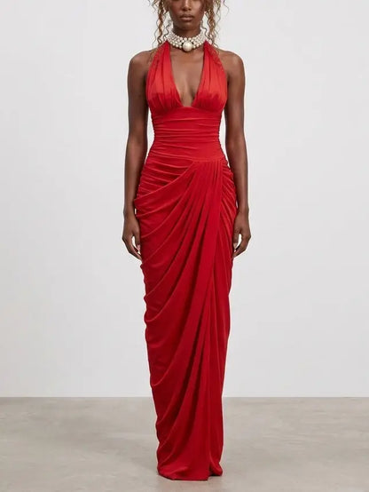 Red Draped Halterneck Maxi Dress - Dresses