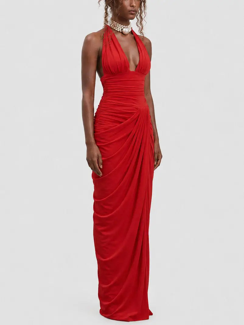 Red Draped Halterneck Maxi Dress - Dresses