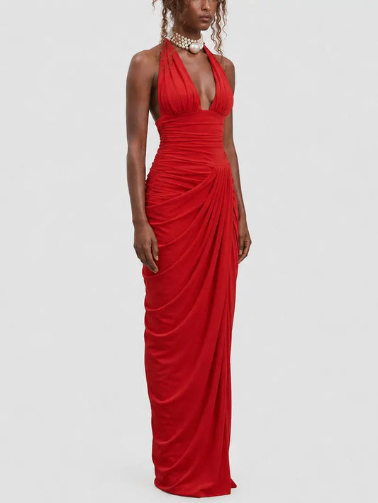 Red Draped Halterneck Maxi Dress - Dresses
