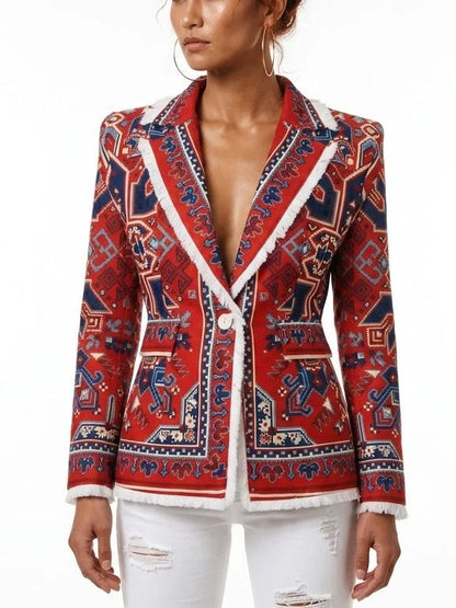 Red Geometric Print Single-Breasted Blazer with Fringe Trim - Jackets