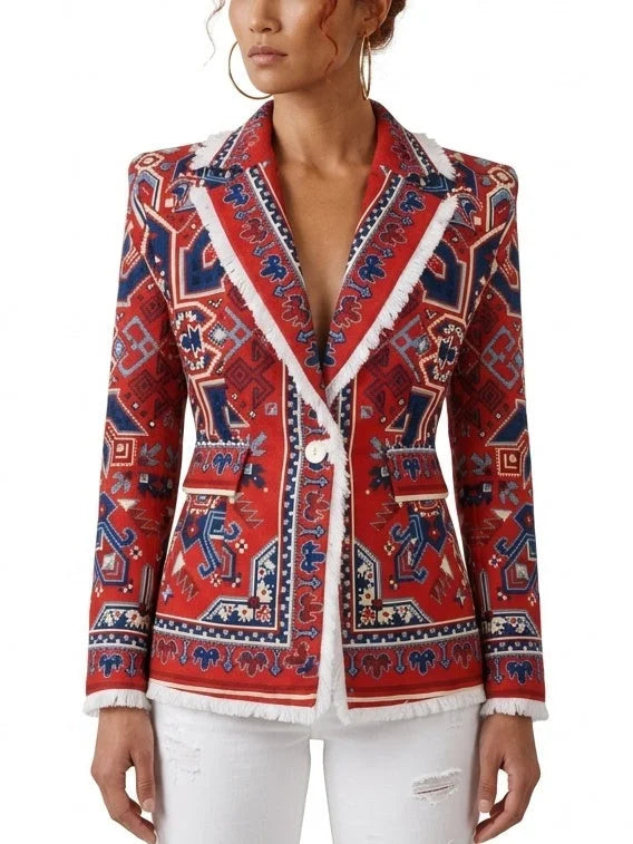 Red Geometric Print Single-Breasted Blazer with Fringe Trim - Jackets