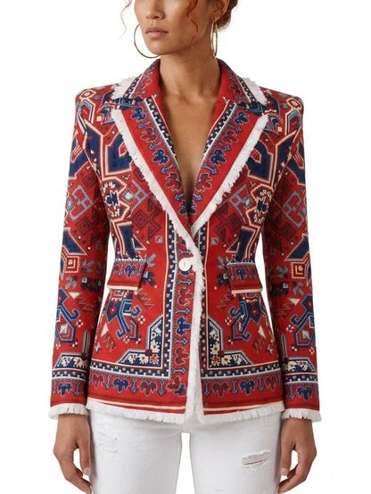 Red Geometric Print Single-Breasted Blazer with Fringe Trim - Jackets