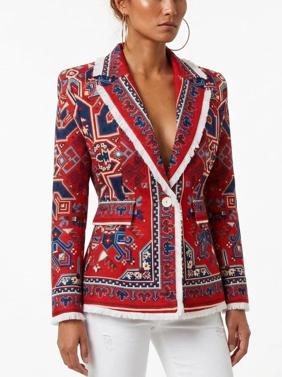 Red Geometric Print Single-Breasted Blazer with Fringe Trim - Jackets