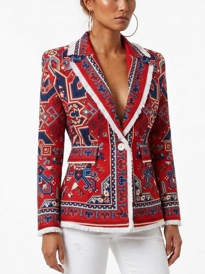 Red Geometric Print Single-Breasted Blazer with Fringe Trim - Jackets