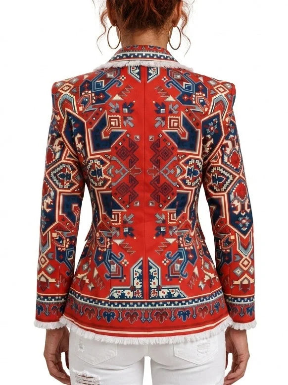 Red Geometric Print Single-Breasted Blazer with Fringe Trim - Jackets