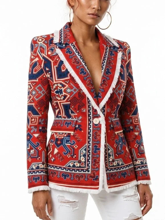 Red Geometric Print Single-Breasted Blazer with Fringe Trim - Jackets